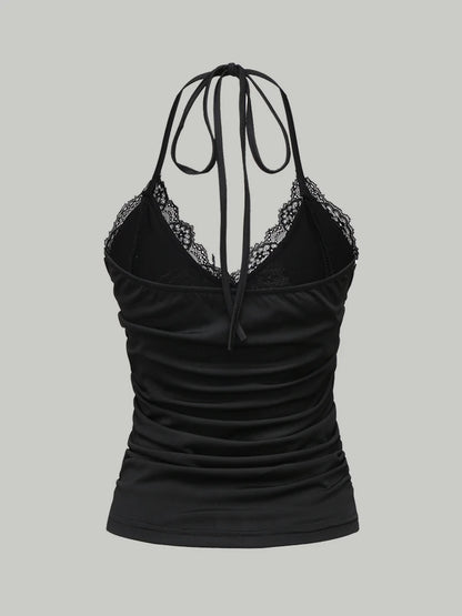 Sexy Lace V-neck Cropped Halter Tops For Women Summer 2025 Solid Color Casual Sleeveless Backless Ruched Tank Top Tee Shirt
