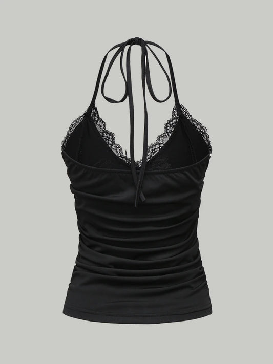 Sexy Lace V-neck Cropped Halter Tops For Women Summer 2025 Solid Color Casual Sleeveless Backless Ruched Tank Top Tee Shirt