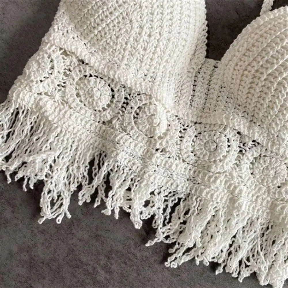 Sexy Boho Beach Holiday Camisole Halter Women Crochet Knit Swimsuit Bra Backless Vest Hollow Tassel Tank Top Women's Crop Tops