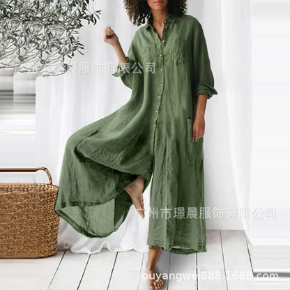 Casual Oversized Womens Jumpsuit 2025 Loose Romper Solid color Single Breasted Beach Playsuit Wide Legs Pants for Women Vestidos Badiee Stylez