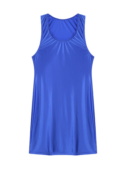 Women's Oil Glossy Stretch Tank Mini Dress Solid Color Sleeveless Tights Bodycon Short Dress Stretch U Neck Party Sundress