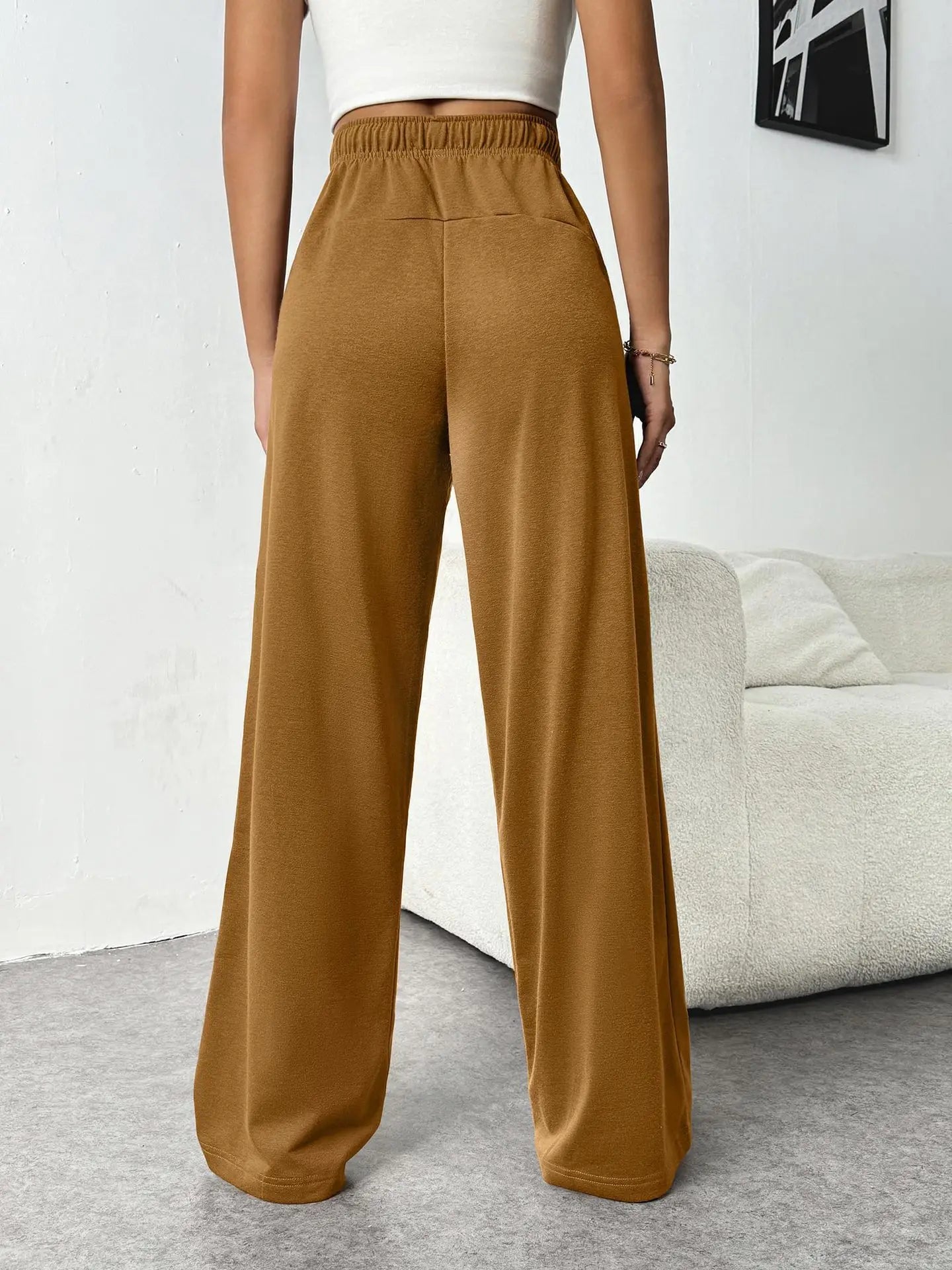 Casual Wide Leg Sports Pants for Women Casual Straight Leg Loose Solid Color Elastic Drawstring High Waisted Wide Leg Pants