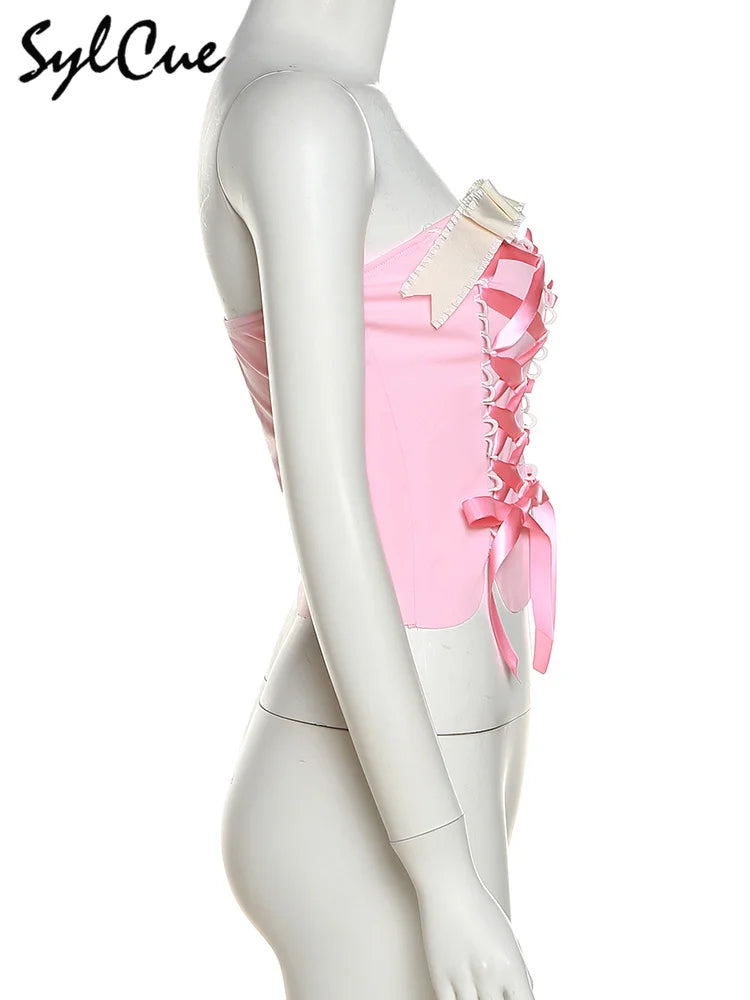 Sylcue Pink Sweet Cool Sexy Tight All-Match Femininity Charm Gorgeous Outer Wear Women'S Street Personality Drawstring Vest
