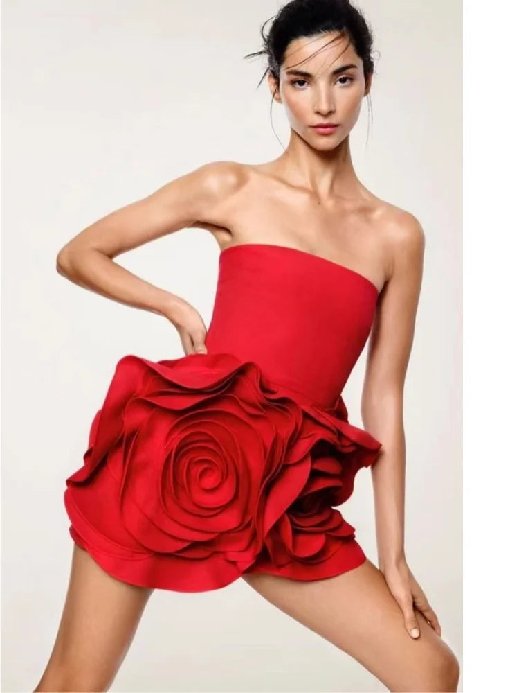 Summer New 2024 Women Sexy Strapless Crystal Flower Bodycon Bandage Dress Celebrity Elegant Birthday Mini Evening Party Dress