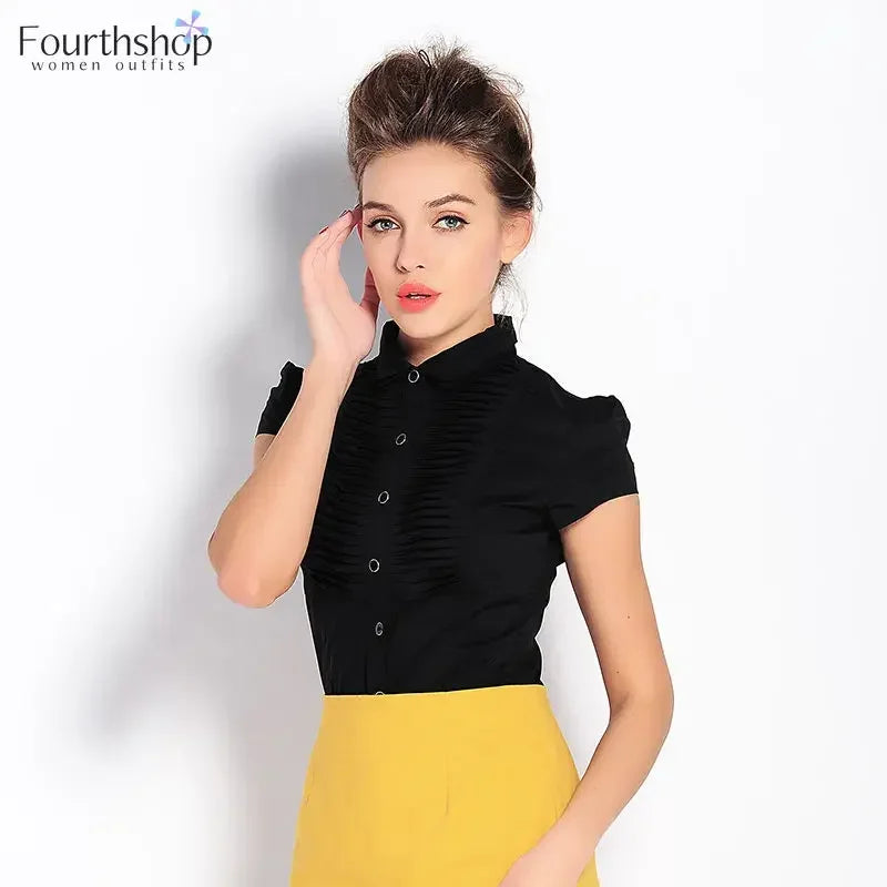Elegant Bodysuit Women Short Sleeve White Color Shirring Design Blouses And Tops Office Lady Work Wear Formal Body Shirt Female