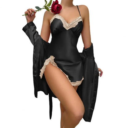 Sexy Women's Satin Silky Pajama Sets Lace Nightgown with Robe Set Cami Mini Nightdress 2 Piece Suit Chemise Sleepwear Black