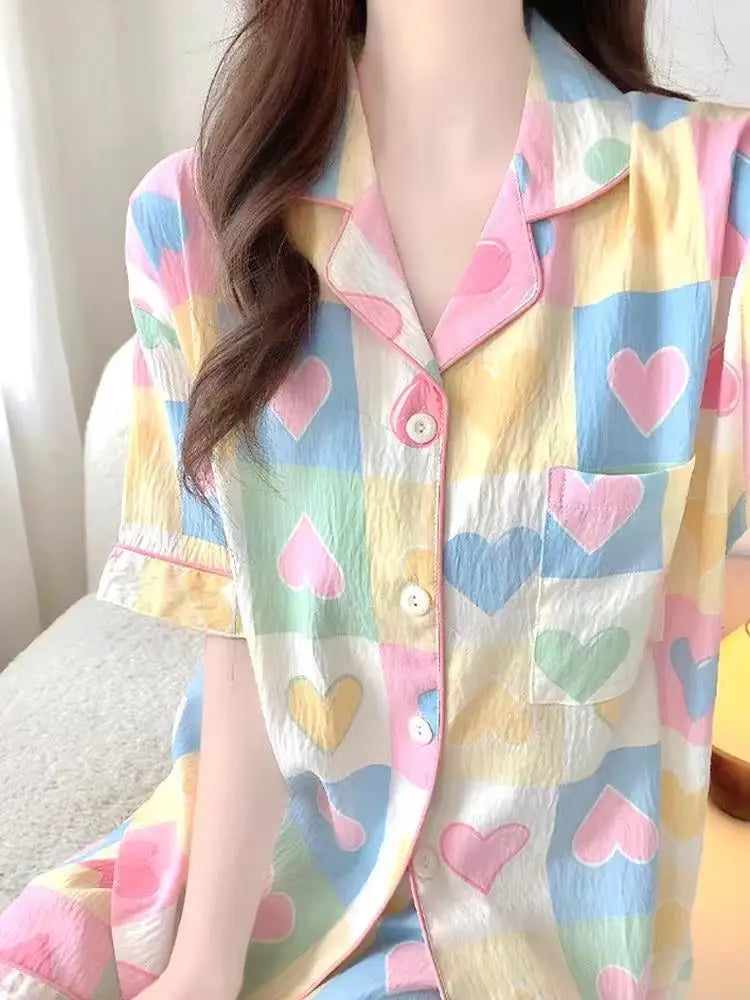 Cute Girl's Summer Cotton Linen ort Sve Nightgown Home Clothes Set Bear Print Gauze Spwear Simple Home Sle Cloud cotton open short-rainbow love