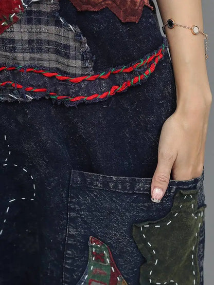 Heavy Embroidery Patch High Waist Overalls Women Autumn Fashion Stylish Loose Jumpsuit LX4372 Badiee Stylez