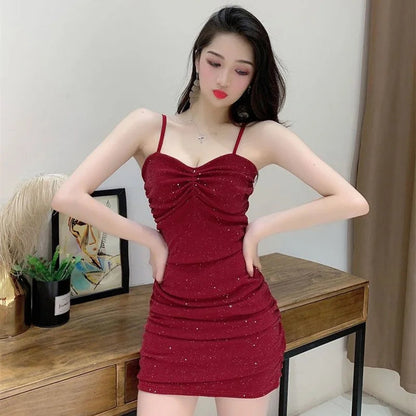 Women Sexy Sparkly Sequin Camisole Party Dress Lady Fashion Wine Red Sleeveless Slim Fit Dress Female Nightclub Backless Dress Badiee Stylez