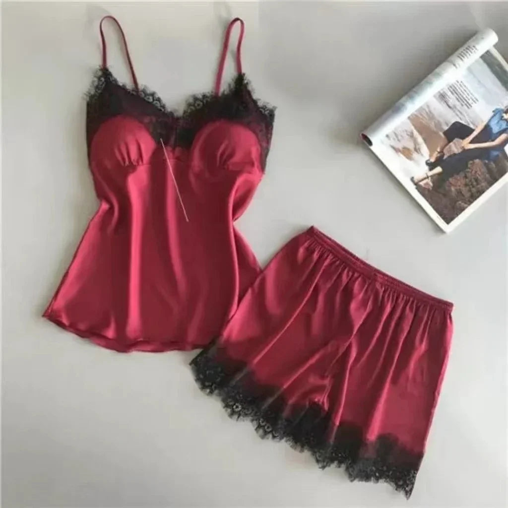 Women's Halter Pajamas 2 PCS Camisole and Shorts Home Wear Red Black Sexy Lace S M Ventilate Comfort Red