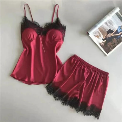 Women's Halter Pajamas 2 PCS Camisole and Shorts Home Wear Red Black Sexy Lace S M Ventilate Comfort Red