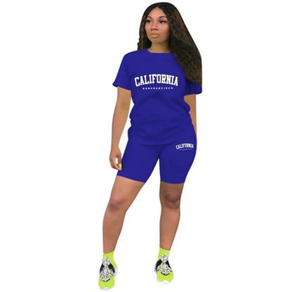 Womens Summer Tracksuit Print T-Shirt+Shorts 2 Piece Sets Fashion Sportswear Clothing Luxury Casual Jogging Short Sleeve Suit Blue