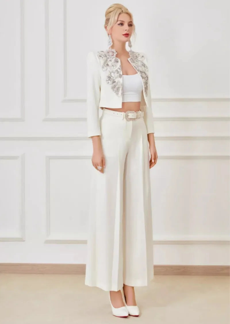 Elegant Office Ladies Designer Handmade Diamonds Slim Fit Short Jacket Hgih Waist Wide Leg Pants Women Two Piece Set Size S-5XL Badiee Stylez