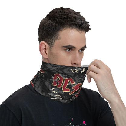 Custom Black AC DC Logo Camouflage Heavy Metal Band Bandana Neck Warmer Women Men Winter Hiking Ski Scarf Gaiter Face Cover
