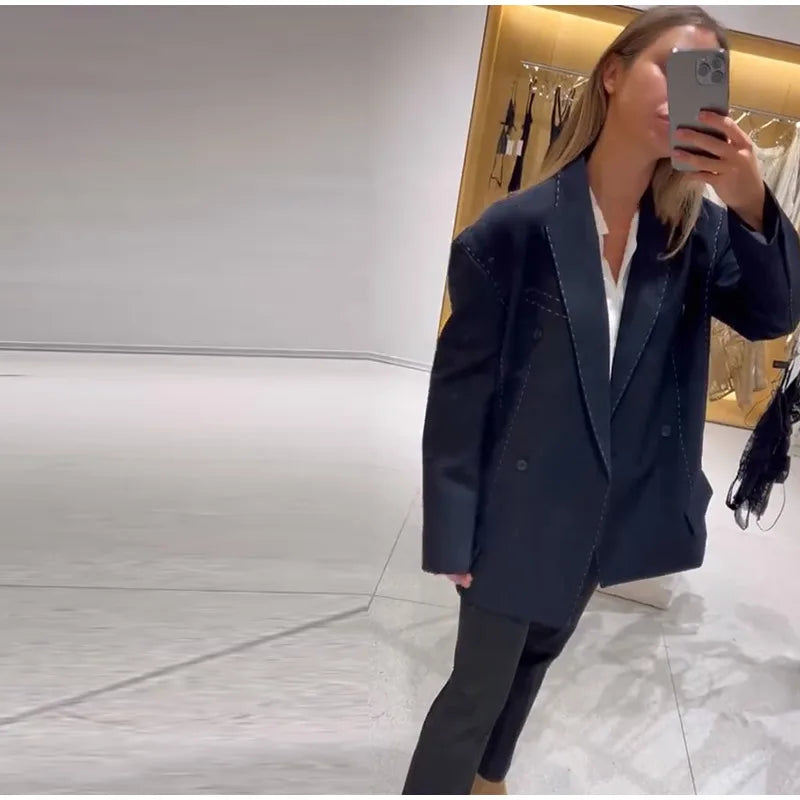 Casual Women's Blazer Pant Suits Loose Lapel Doube-Breasted Top Straight Pants Lady Set 2025 Autumn New 2 Pieces Sets Women Badiee Stylez