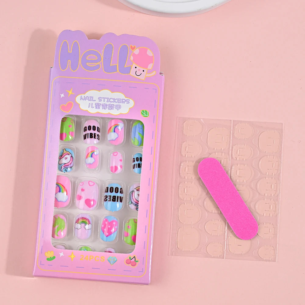 24Pcs Children Cartoon Nail Tips Colorful Cute Rabbit Pink Stars 6-14 Years old Girl Fake Nail With Jelly Glue Kids False Nail TC0022-2