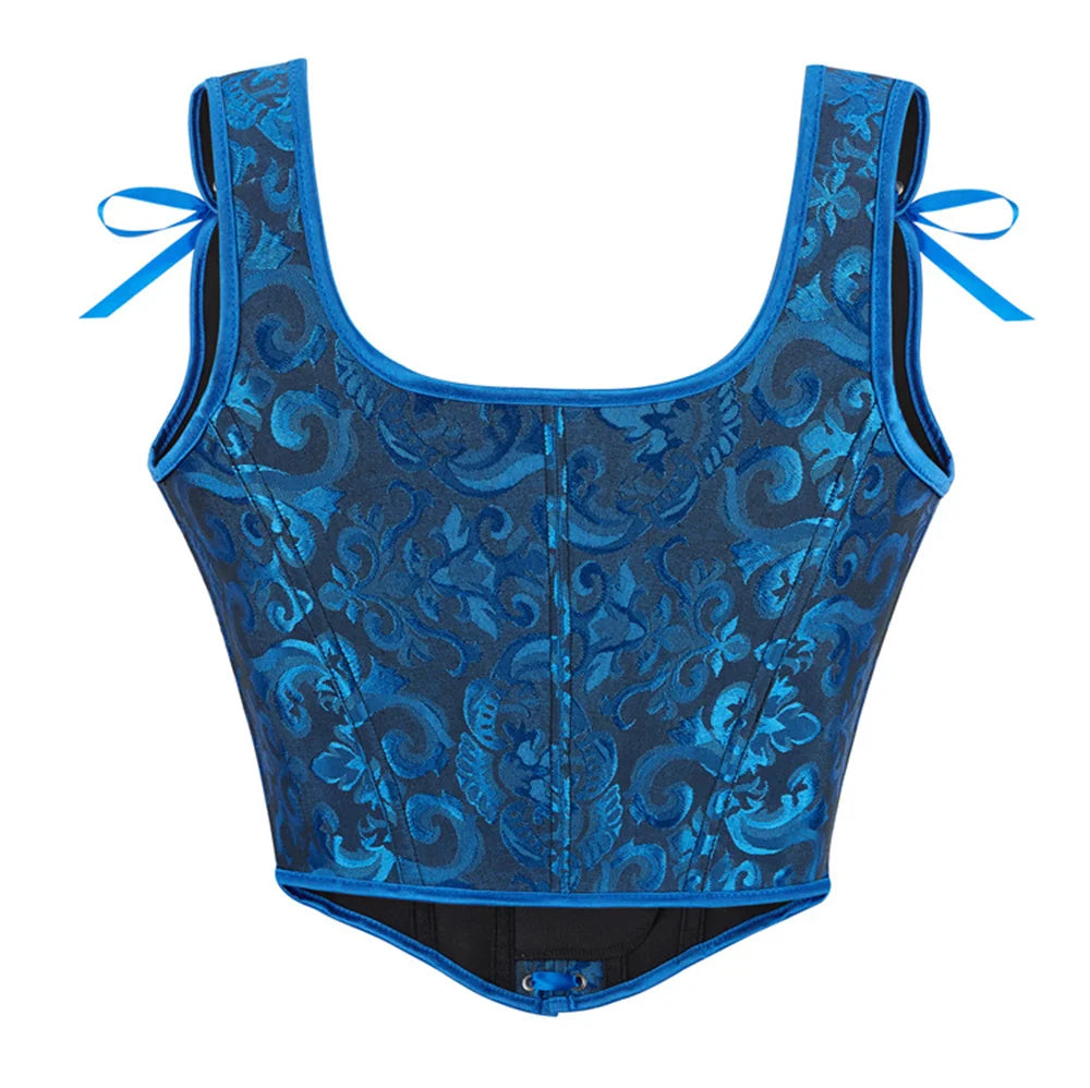 Blue Jacquard Corset Sexy Shoulder Straps Overbust Bustiers Crop Top Lace Up Brocade Vest Lingerie Gothic For Women Outfit
