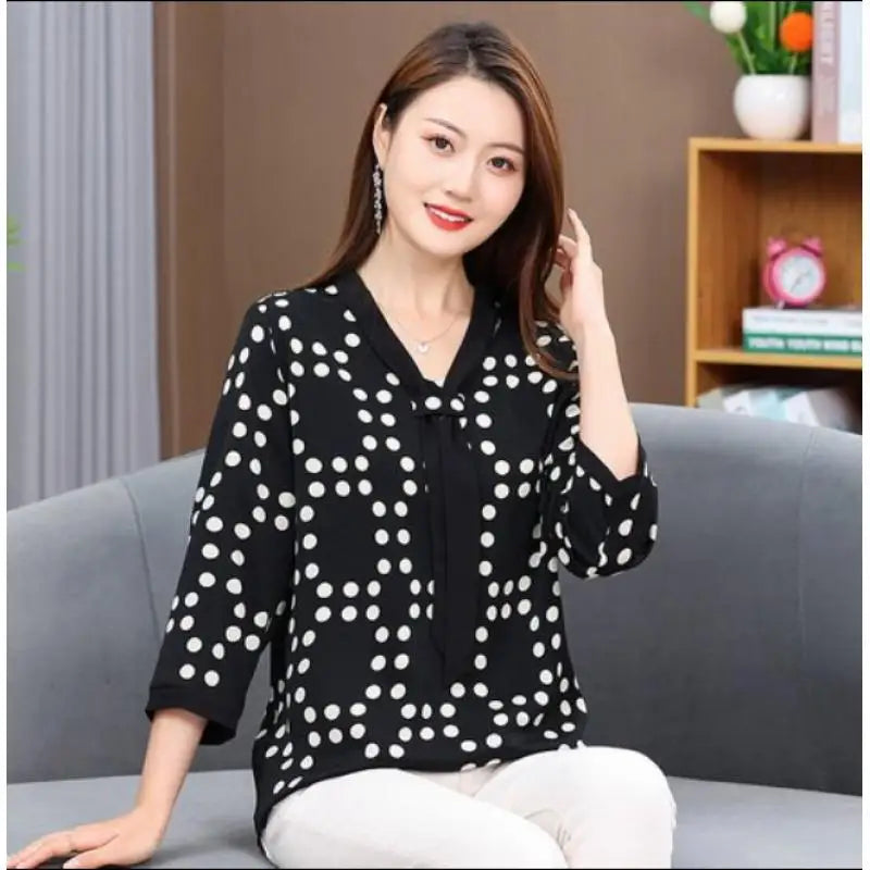 Women's Shirt Middle-aged Mother Elegant Summer Lady Shirts Bandage Floral Printed Chiffon Shirt Blouse Women's Clothing