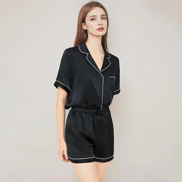 100% Real Mulberry Silk Womens Pajamas Set Sleepwear Pjs Button Down Short Sleeve Shirt Top and Shorts Loungewear 2 Piece M-4XL Black CHINA