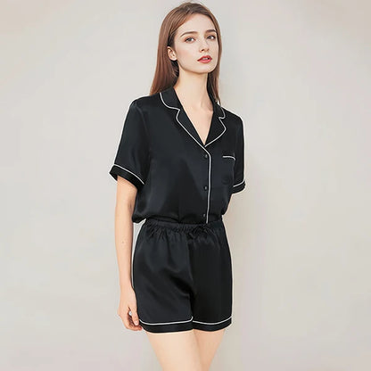 100% Real Mulberry Silk Womens Pajamas Set Sleepwear Pjs Button Down Short Sleeve Shirt Top and Shorts Loungewear 2 Piece M-4XL Black CHINA