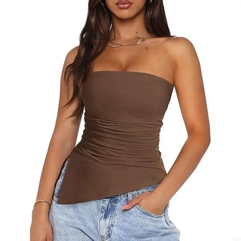 920L Strapless Ruched Asymmetrical Tube Top for Women Off Shoulder Bandeau Shirt Solid Color Side Split Fit Top Coffee color CHINA