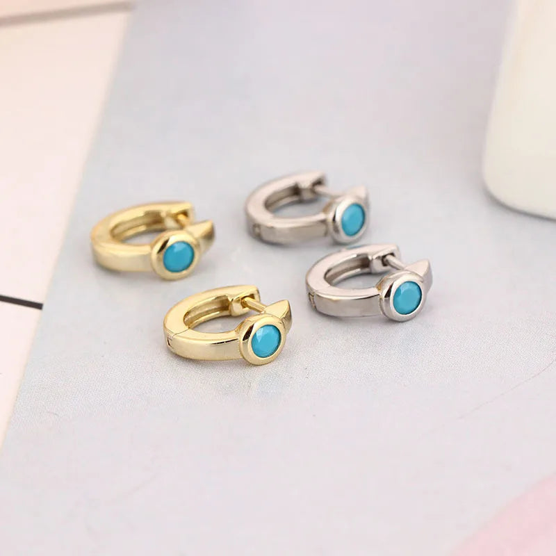Korean Stainless Steel Turquoise Small Hoop Earrings For Women Round Circle Huggie Punk Unisex Rock Earring Piercing Jewelry