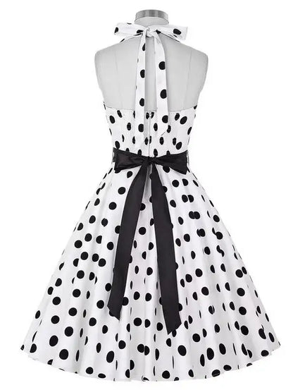 Women Summer Polka Dot Vintage Dress Fashion Party Office Lady Rockabilly Big Swing Halter Clothes