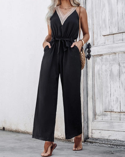 Women's Jumpsuit 2024 Summer Elegant Casual Striped Printed Spaghetti Strap Tie Details Mid Waisted Tight Fit Cropped Jumpsuit G