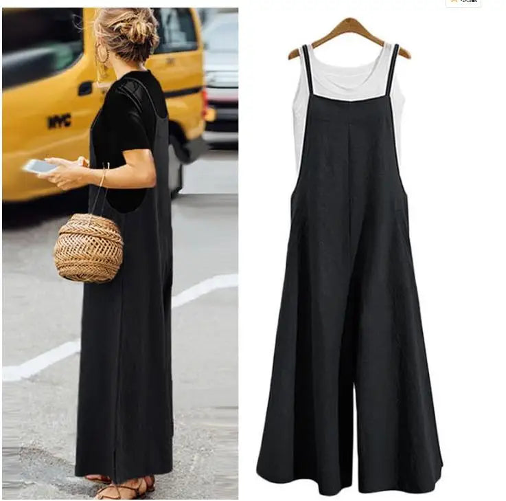 Women Straps Jumpsuit Summer Solid Color Wide Leg Pants Dungaree Bib Overalls Casual Loose Sleeveless Cotton Linen Jumpsuits 5Xl Badiee Stylez