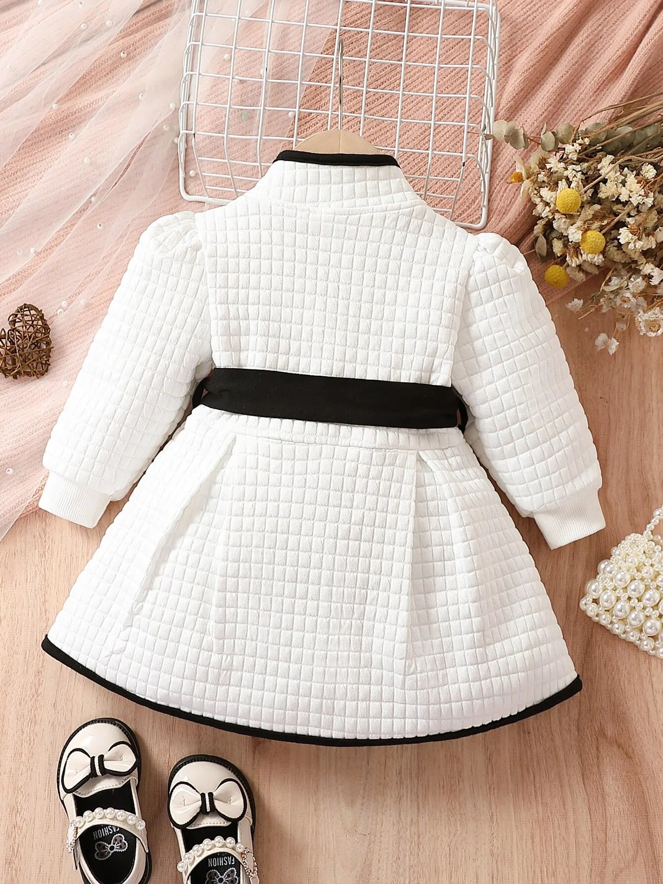 Baby Girls Fashion Autumn And Winter Thermal Belted Dress Set Princess Coat Classic Black And White Color Contrast Cardigan Badiee Stylez