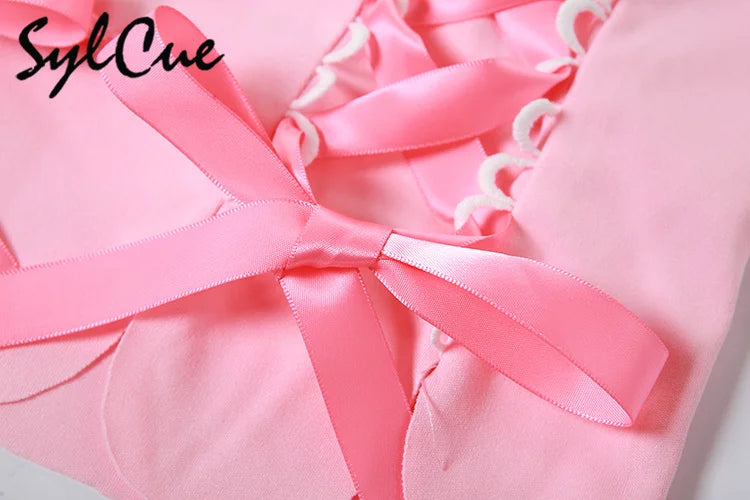 Sylcue Pink Sweet Cool Sexy Tight All-Match Femininity Charm Gorgeous Outer Wear Women'S Street Personality Drawstring Vest