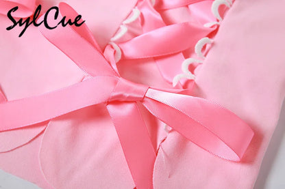 Sylcue Pink Sweet Cool Sexy Tight All-Match Femininity Charm Gorgeous Outer Wear Women'S Street Personality Drawstring Vest