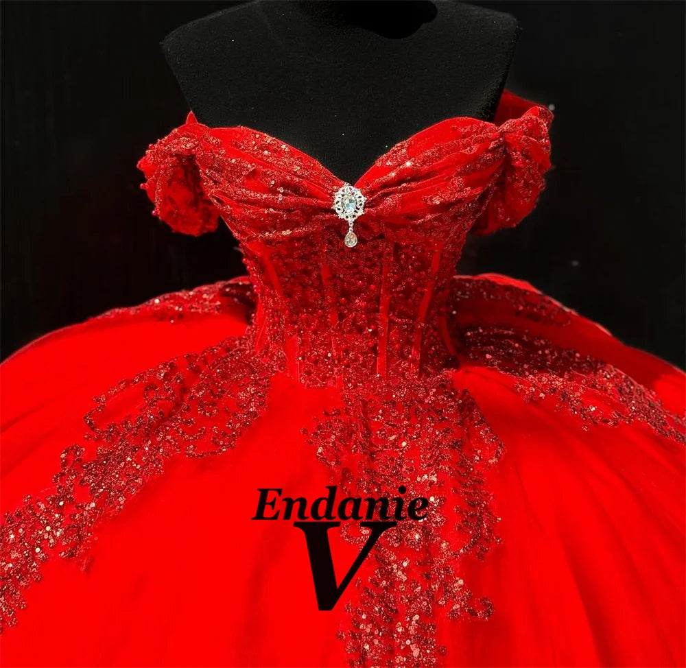 Vendanie Romantic Bow Princess Ball Gown Appliques Off the Shoulder Sequins Court Train Draped Vestido De 15 Quinceañeras Morado Badiee Stylez