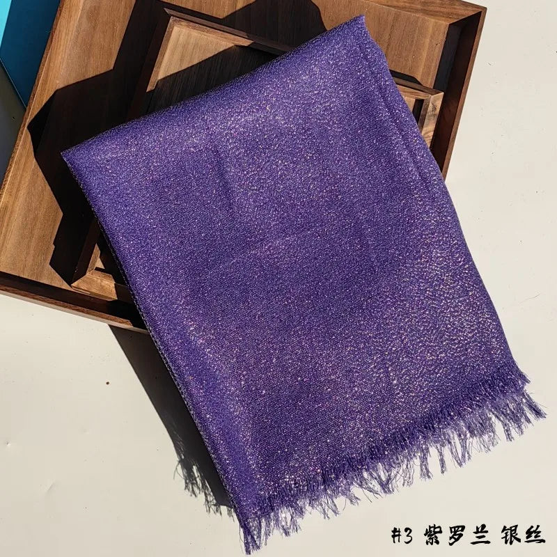 Lastest Brand Design Scarf Shiny Solid Color Shawls Rayon Fabric Gold Silk Silver Wire Head Shawl Fringe Hijab For Women 3