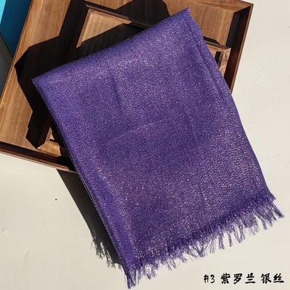 Lastest Brand Design Scarf Shiny Solid Color Shawls Rayon Fabric Gold Silk Silver Wire Head Shawl Fringe Hijab For Women 3