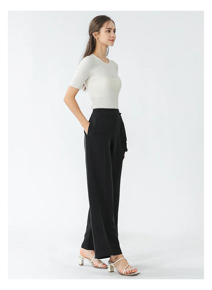 VOA Black 45 Momme Heavyweight Silk Natural Waist Trousers Asymmetrical Ruffle Office Ladies Straight Suit Wide Leg Pants KE797 Badiee Stylez