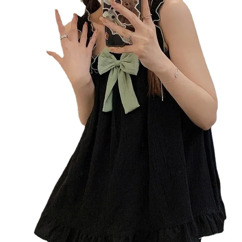 Pajamas Women Summer Sling Pajamas Homewear Set Sleeveless Shorts Simple Cute Ladies Student Pajamas Bubble Cotton Homewear