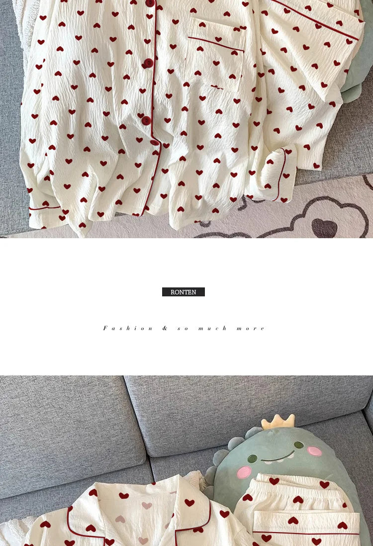 Spring and Autumn New Women's Pajamas Homewear Set Girls Gentle Wind Love Cardigan Pajamas Wrinkled Cloth Homewear Long-Sleeved