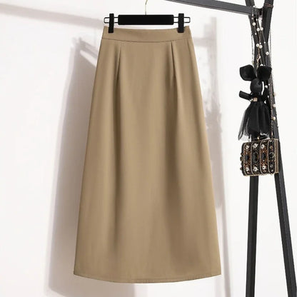 2025 Summer Female Fashionable Versatile Solid Skirts High Waisted Mid Length A-line Plus Size Skirt Split Wrap Body Skirt Khaki