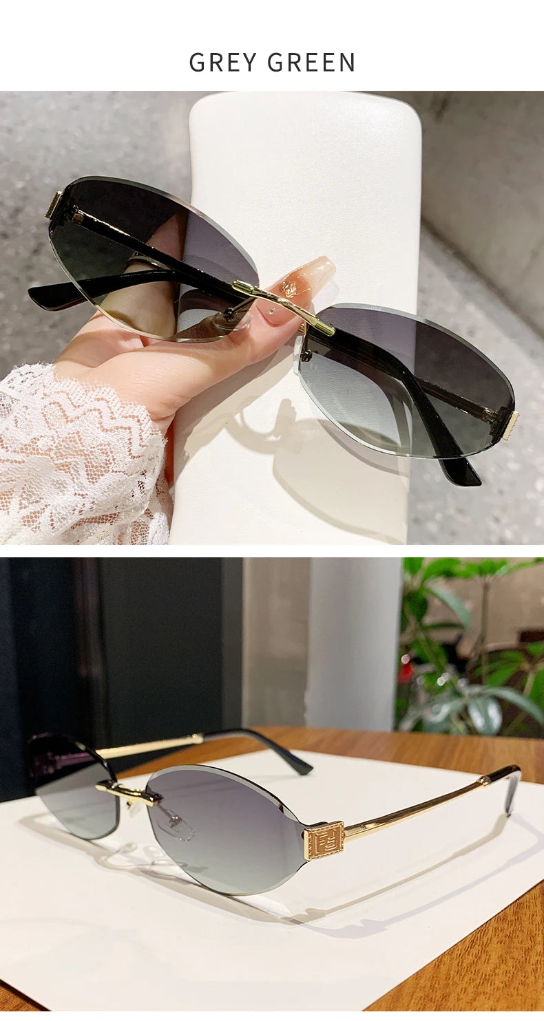 Retro Frameless Oval Concave Design Y2k Personalized Sunglasses Trendy Uv Resistant Street Photography Sunglasses 90275