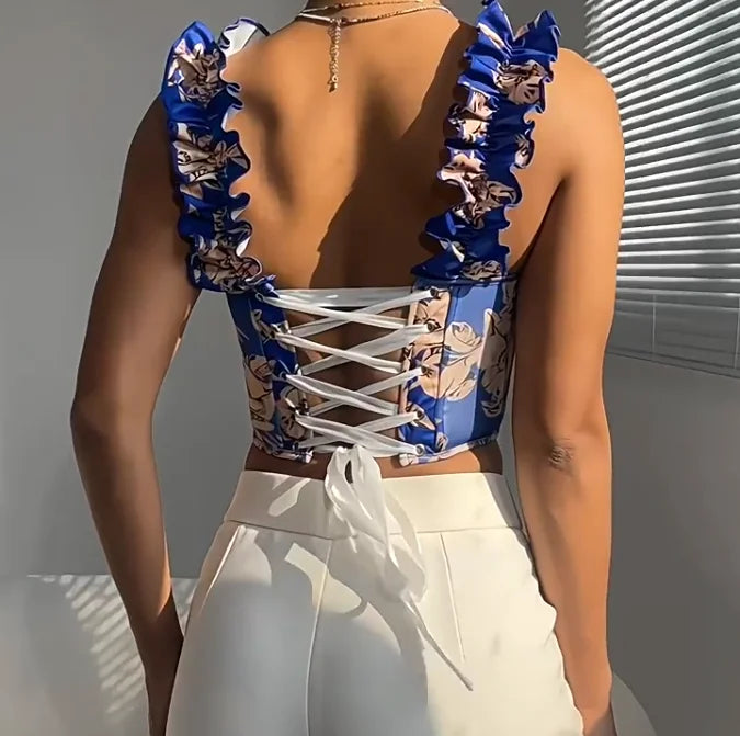 Sexy Bandage Ruffle Off Shoulder Slim Top Chic Straps Camis Slim Korean Tanks Top Elegant Crop Top Summer Women Bustier