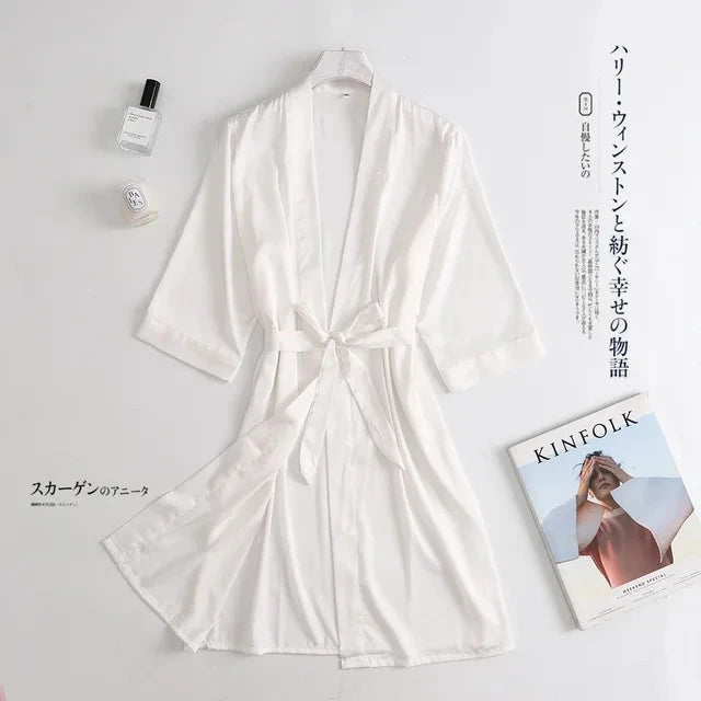 Women Wedding White Bride Robe Morning Gown 3/4 Sleeve Sleepwear Loose Nightgown Female Silk Satin Kimono Bathrobe Lingerie White