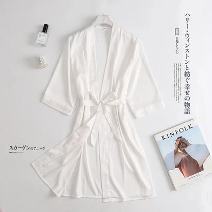 Women Wedding White Bride Robe Morning Gown 3/4 Sleeve Sleepwear Loose Nightgown Female Silk Satin Kimono Bathrobe Lingerie White