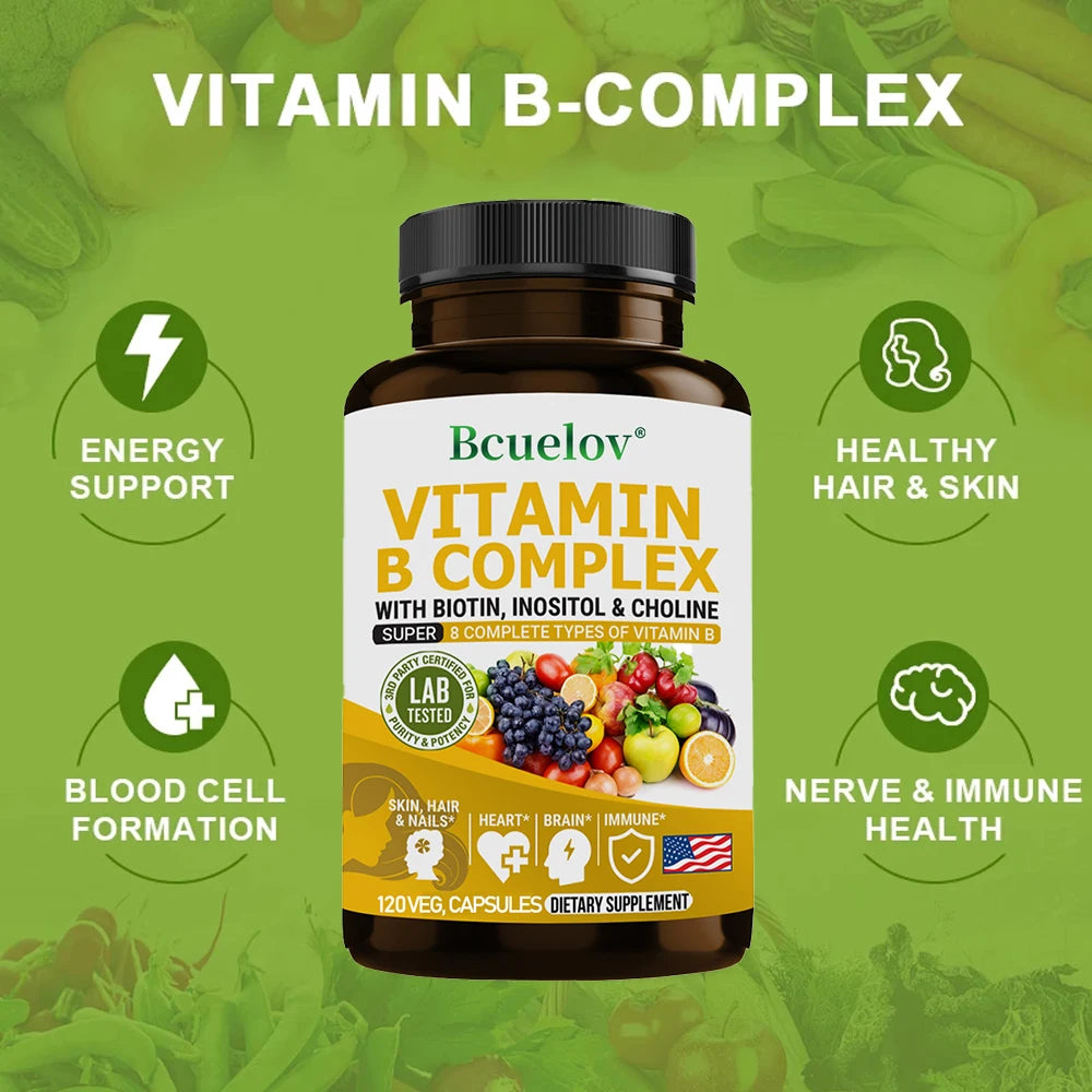 Vitamin B Complex - Contains Biotin, Inositol and Choline - Brain, Skin, Hair, Nervous System, Immunity, Metabolism, Antioxidant