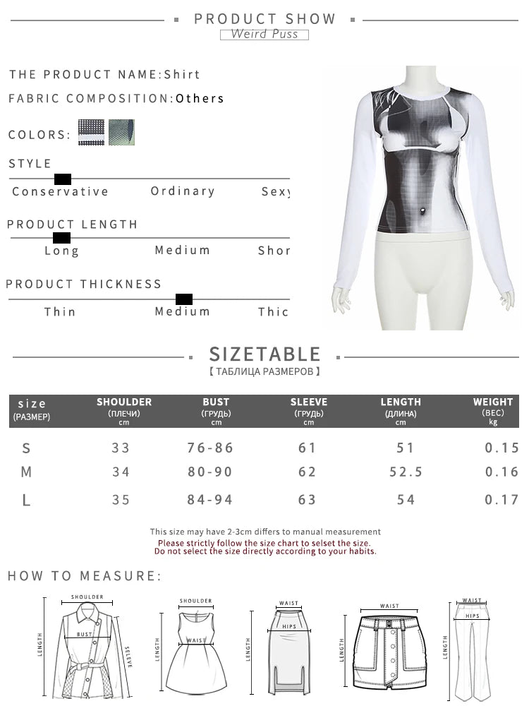 Weird Puss Sexy Print Women Crop Top Long Sleeve O Neck 2023 SpringTrend Skinny Wild Stretchy Vintage Midnight Streetwear Tees