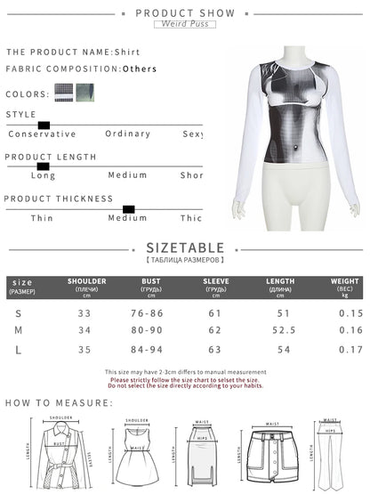 Weird Puss Sexy Print Women Crop Top Long Sleeve O Neck 2023 SpringTrend Skinny Wild Stretchy Vintage Midnight Streetwear Tees