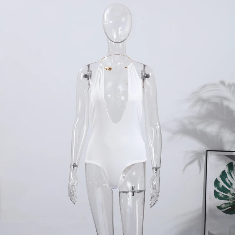 Sexy Metal Halter Deep V-neck Jumpsuits Women High Street Backless Sleeveless Short Bodysuit 2025 Summer New Lady Slim Clubwear White