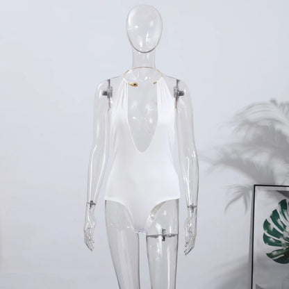 Sexy Metal Halter Deep V-neck Jumpsuits Women High Street Backless Sleeveless Short Bodysuit 2025 Summer New Lady Slim Clubwear White