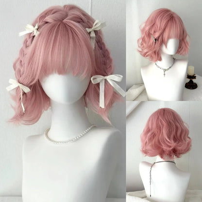 Allbell Magique Short Wavy Wig Bob Curly Wig With Bangs Dirty Orange Lolita Wigs Natural Synthetic Wig For Woman Heat Resistant SWLC1238-1PI10 CHINA