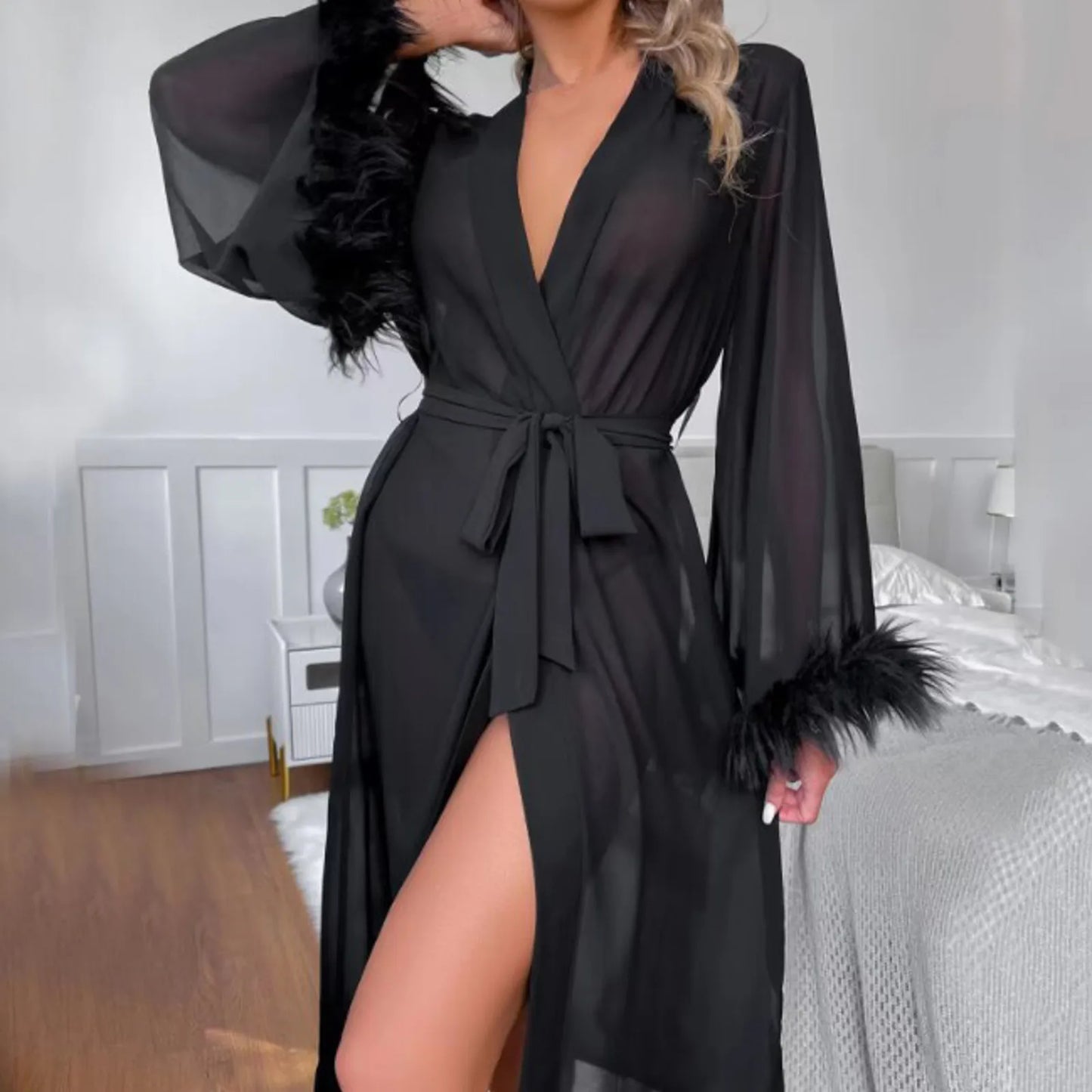 Women Fashion Bathrobe Lacing Up Sexy Lingerie Tulle Underwear Dress Floor Length Maxi Dressing Gown Robes Feather Long Robe